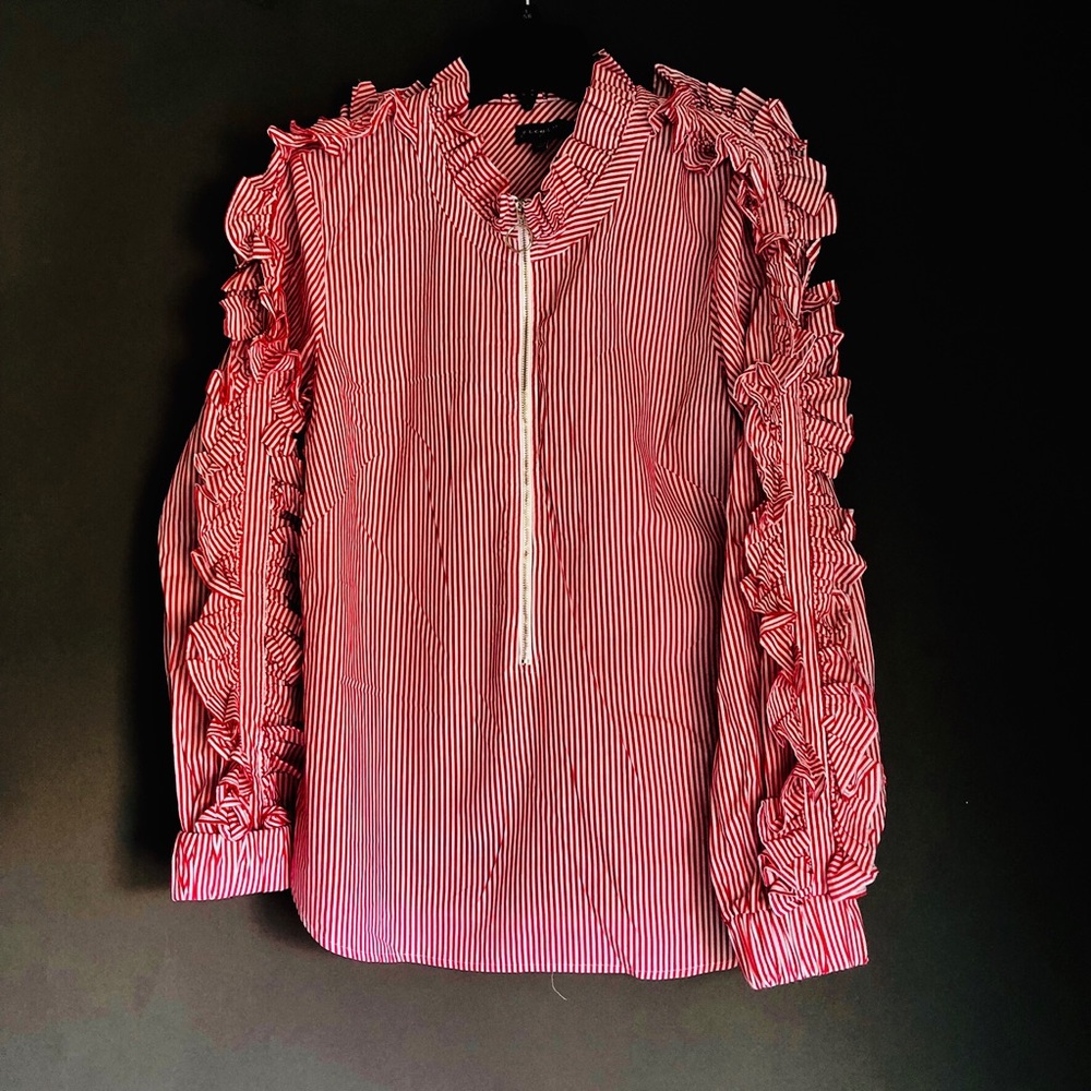 NWOT greysn Red And White Ruffles Striped Shirt - Picture 3 of 5